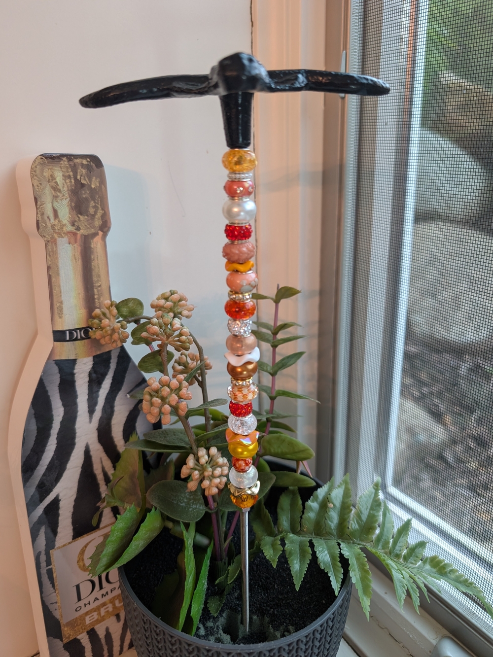 Hand Made Fairy Wand/Plant/Garden Stake W/Black Metal Longhorn Topper